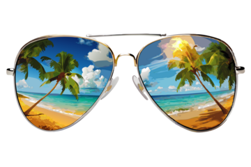Set of stylish aviator sunglasses reflecting tropical beach scenes, cut out