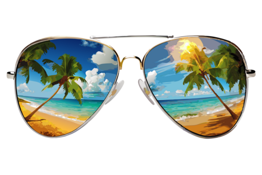 Set of stylish aviator sunglasses reflecting tropical beach scenes, cut out