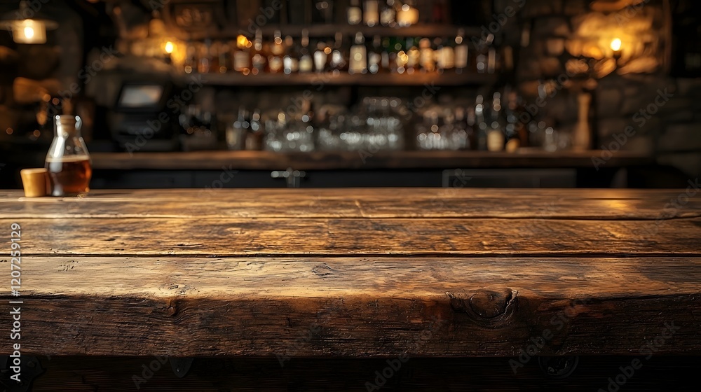 Aufkleber warm and inviting rustic bar interior with wooden table in the foreground and blurred countryside ba