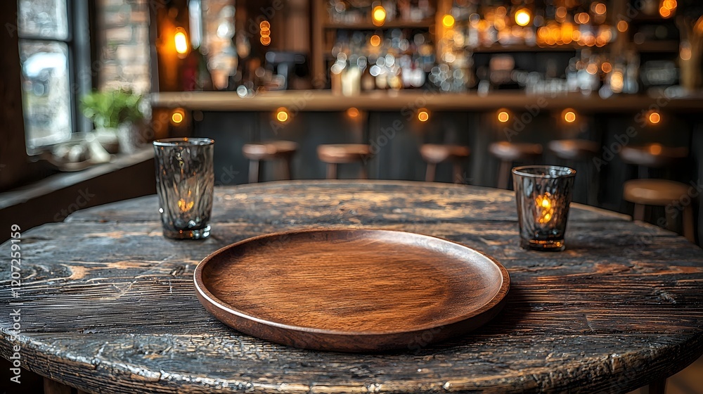 Poster warm and inviting rustic bar setting featuring a wooden plate placed on a detailed weathered country