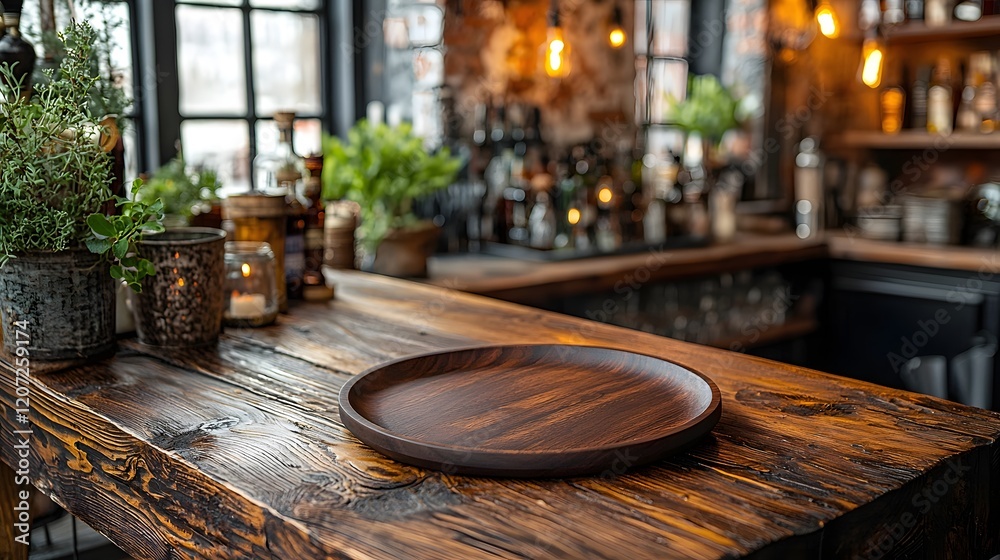 Poster warm and inviting rustic bar setting featuring a wooden plate resting on a natural wood table surrou