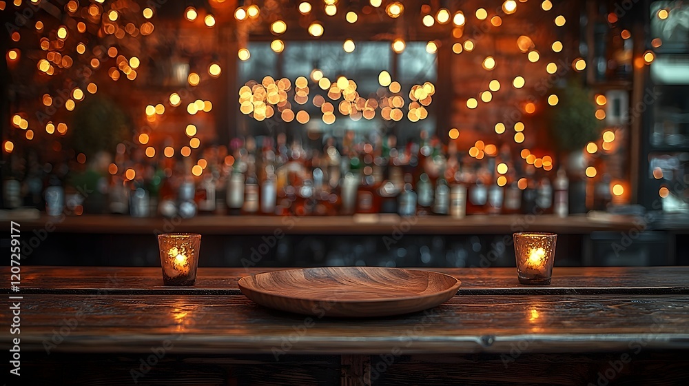 Poster Warm and Inviting Rustic Bar Setting with a Wooden Plate and Table in the Foreground Surrounded by Glowing Bokeh Lights for a Cozy and Festive Ambiance