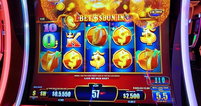A lively casino floor, with a focus on one machine showing the Lucky 7s on its reels, surrounded by bright lights, colorful displays, and excited players.