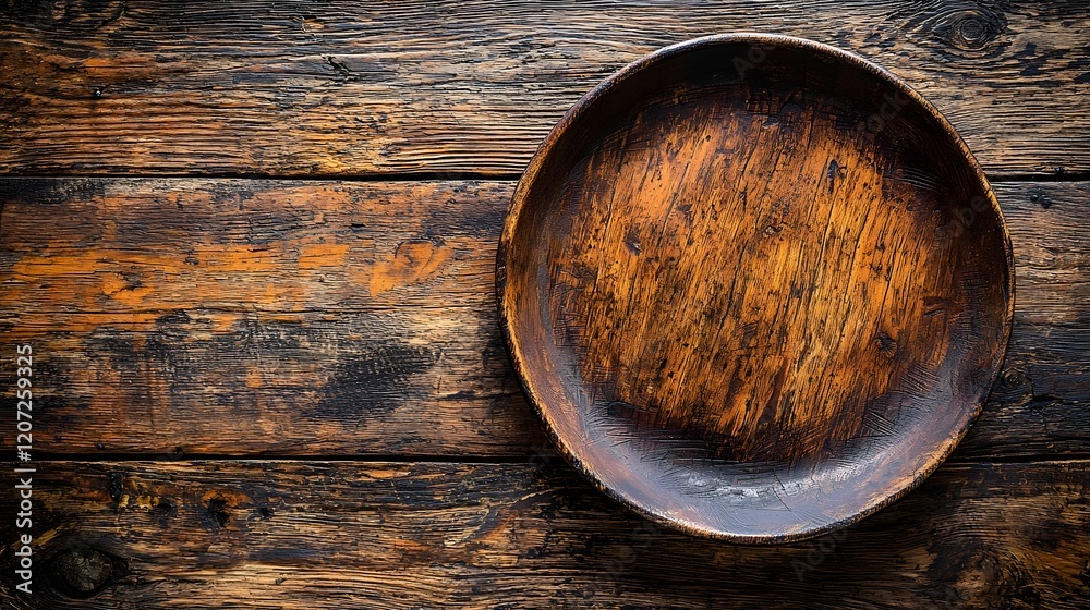 Poster warm and inviting weathered wooden plate resting on a rustic countryside tabletop background creatin
