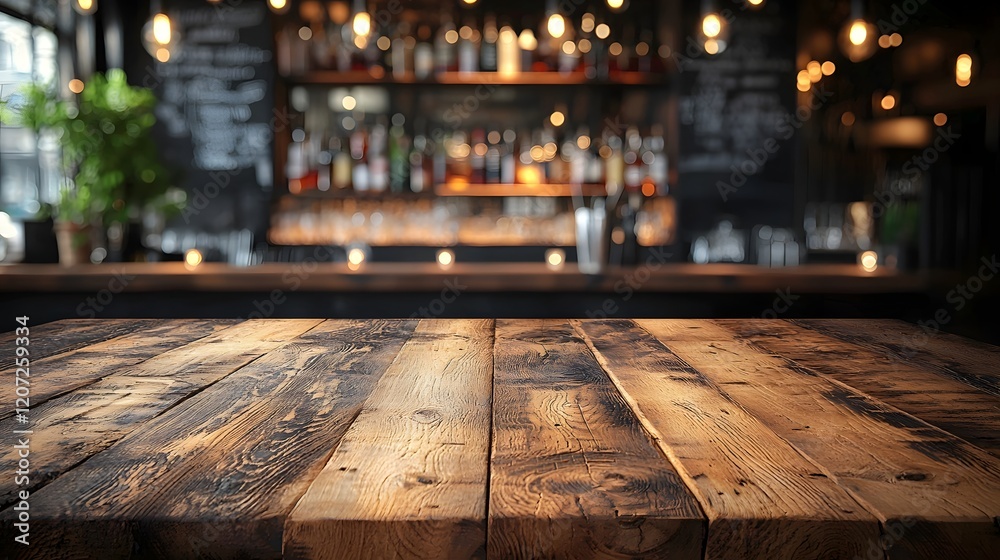 Poster warm and rustic bar backdrop with wooden table surface in the foreground showcasing a natural textur