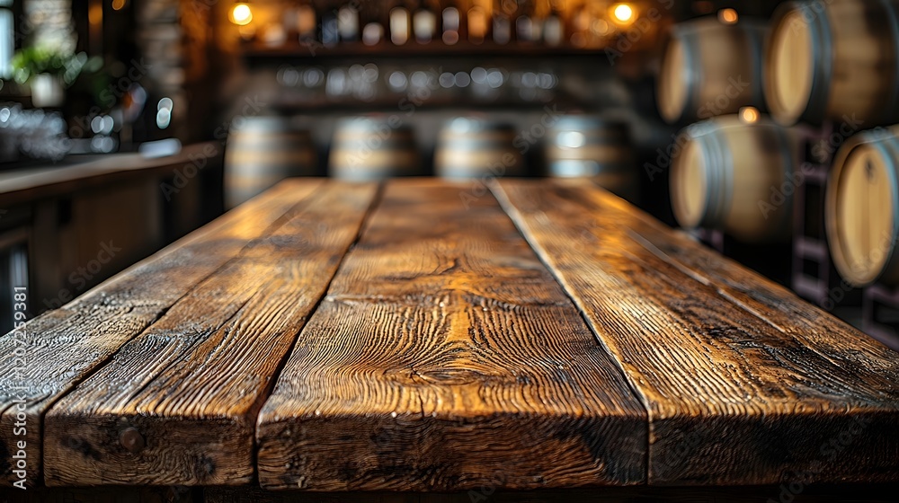 Poster Warm and rustic countryside bar setting with a weathered wooden table in the foreground and barrels in the background creating a cozy and industrial atmosphere