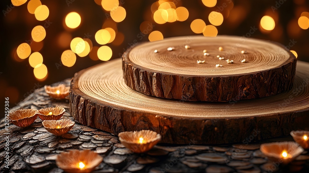 Poster Warm inviting countryside bar scene with a wooden plate resting on a textured table surrounded by a captivating display of golden bokeh lights creating a cozy and enchanting atmosphere