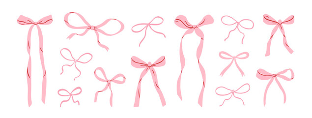 Hand drawn elegant pink bows and ribbons. Minimalist drawing sketch. Vintage vector illustration. Perfect for holiday poster, greeting cards, wedding invitations, branding, logo.