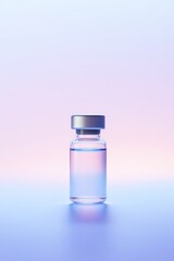 low-key lighting showcases vial of vaccine glowing under neon-lit reflections as light dances across liquid