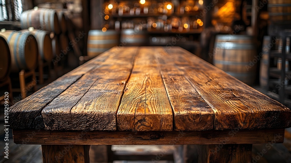 Aufkleber Weathered distressed wooden table in the foreground of a cozy intimate countryside bar or tavern setting with warm rustic tones and barrels or casks visible in the background creating a vintage