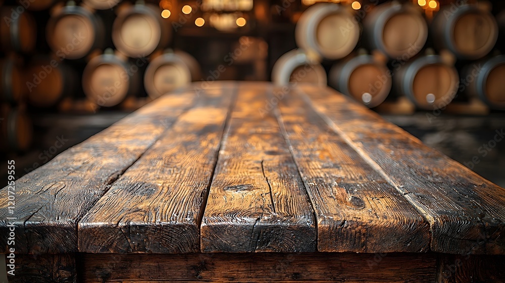 Poster weathered wooden table in the foreground of a cozy countryside bar setting surrounded by warm rustic
