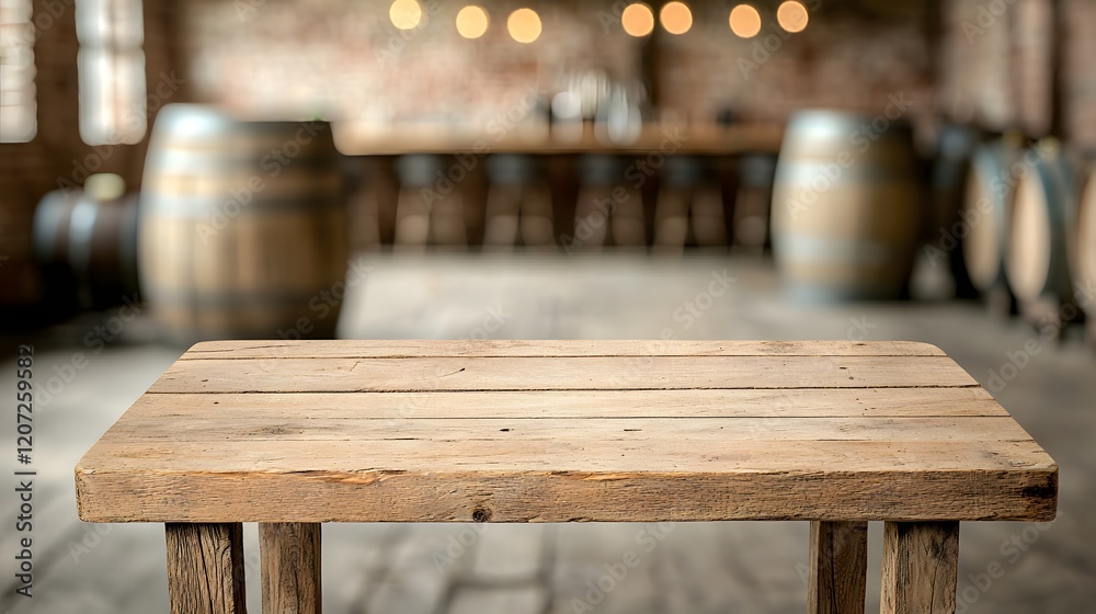 Poster weathered wooden table with rustic finish set against a dimly lit backdrop of a countryside bar inte