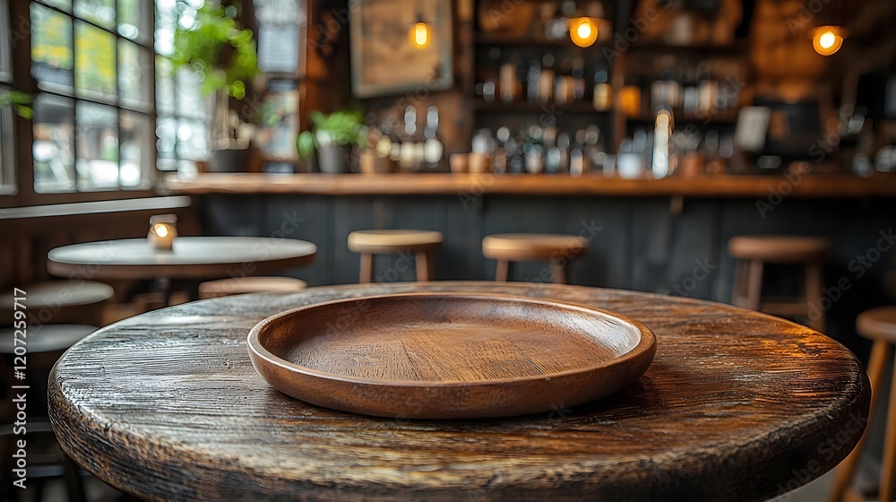 Poster wooden plate and table in the foreground of a cozy countryside bar with warm rustic decor and vintag