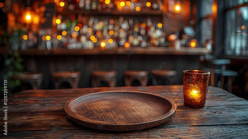 Poster Wooden plate and table in the foreground of a cozy rustic bar scene surrounded by a soft glowing bokeh effect for a warm and inviting atmosphere
