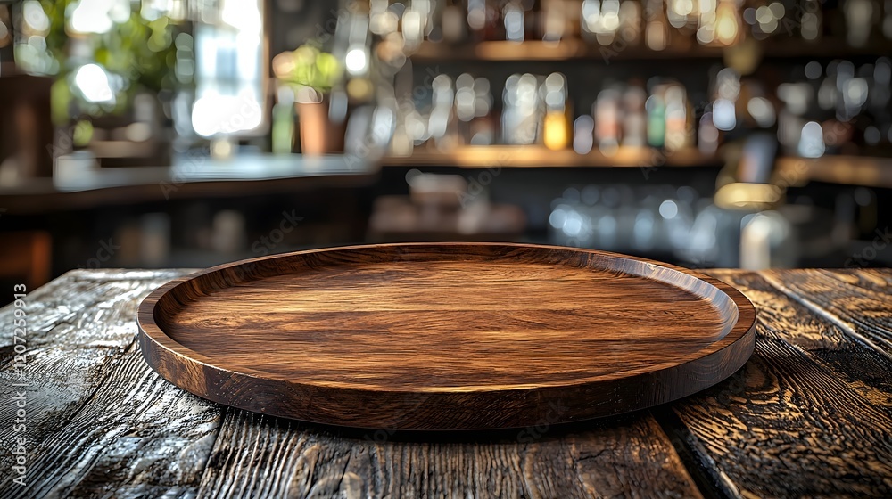 Fototapete wooden plate placed on a rustic textured table in a warm vintage inspired countryside bar with blurr