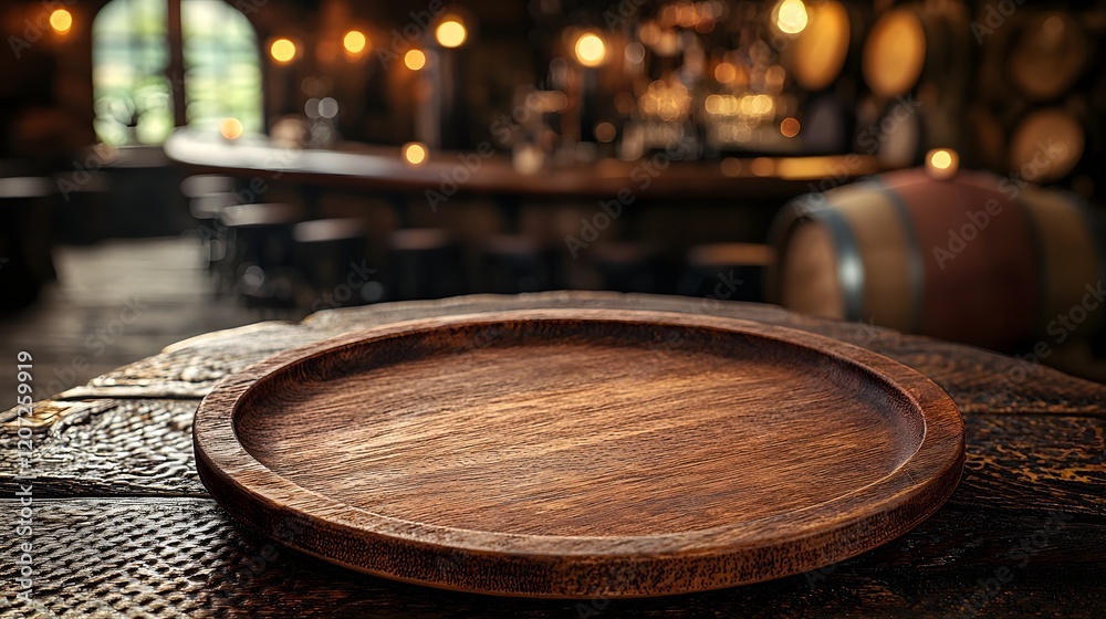 Fototapete Wooden plate placed on a textured table in the foreground with a cozy countryside bar featuring barrels and dim lighting creating a warm inviting ambiance in the background