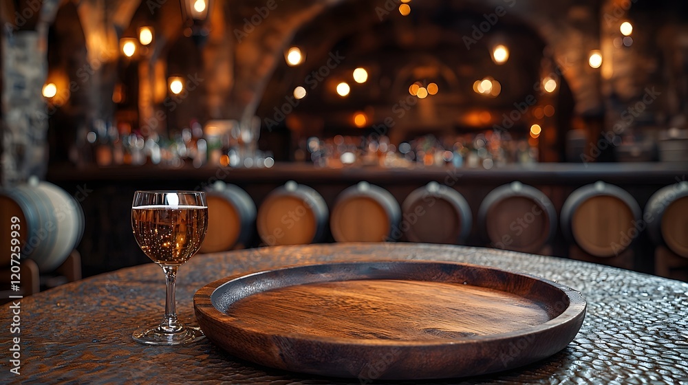 Aufkleber Wooden plate placed on a textured table in the foreground with a cozy countryside bar featuring barrels and dim lighting in the background creating a warm and inviting atmosphere