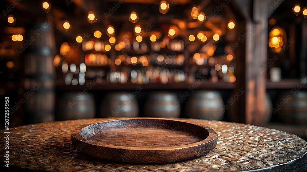 Fototapete Wooden plate placed on a textured table in the foreground with a cozy countryside bar featuring barrels and dim lighting in the background creating a warm and inviting atmosphere