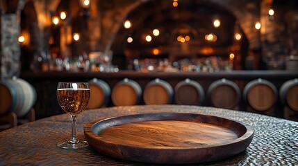 Fototapeta premium Wooden plate placed on a textured table in the foreground with a cozy countryside bar featuring barrels and dim lighting in the background creating a warm and inviting atmosphere