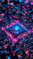 Macro shot of a glowing AI chip emitting colorful light beams, symbolizing advanced computing power. Designed for tech banners, AI events, and advertising campaigns.