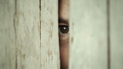 A curious eye peeking through weathered wooden planks.