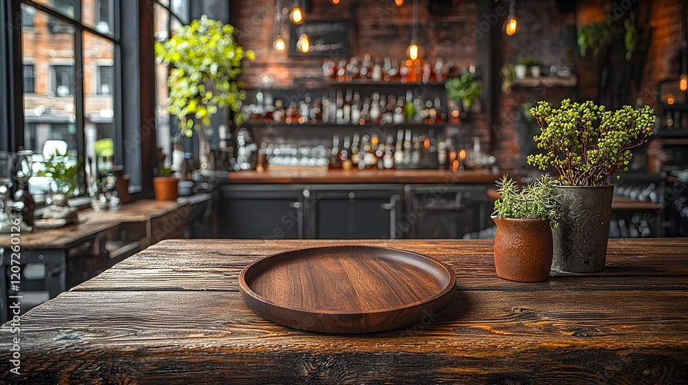 Poster wooden plate resting on a natural wood table in a cozy rustic bar setting surrounded by warm lightin