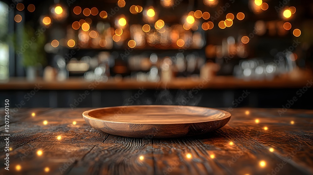 Poster wooden plate resting on a rustic table in the foreground surrounded by a dreamy bokeh glow in a cozy