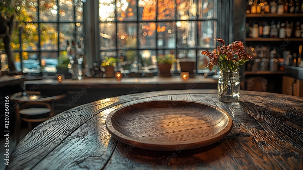 Aufkleber wooden plate resting on a rustic wooden table in the foreground surrounded by a dreamy bokeh glow in