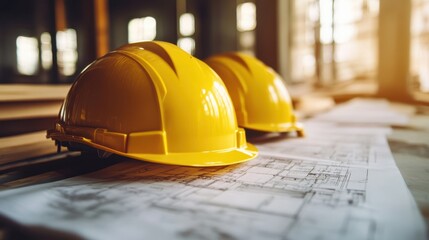 Bright yellow hard hats rest atop a sturdy table, poised against the backdrop of a towering building, symbolizing safety and construction readiness.