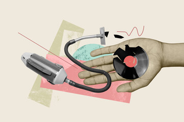 Creative photo poster trend art collage image of retro vacuum cleaner device household duty broke vinyl disk melody club radio