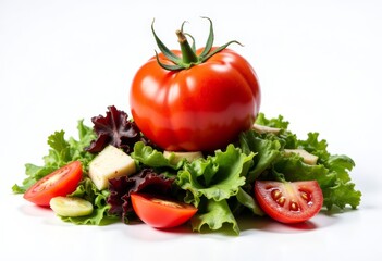 Whole tomato atop green lettuce with sliced tomatoes and cheese