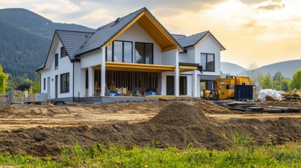 A weathered house stands resilient as a bustling construction site unfolds before it, featuring a bright yellow bulldozer preparing the ground for new beginnings.