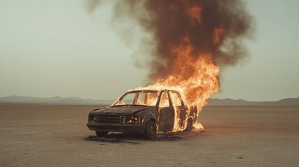 Burning car engulfed in flames on a desert flat.