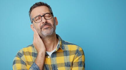Obraz premium middle-aged man with neck pain, touching his face and having toothache against blue background