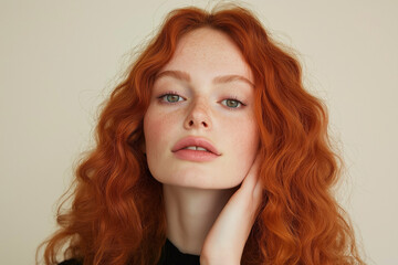 Naklejka premium Red hair woman resting her hand on neck, glowing skin on beige background, cosmetics advertise concept
