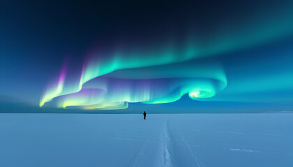 A wide-open snowy plain under a dark sky illuminated by the colorful waves of the northern lights 2