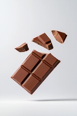 low-key lighting showcases premium chocolate bar mid-break pieces snapping apart with crumbs suspended in motion