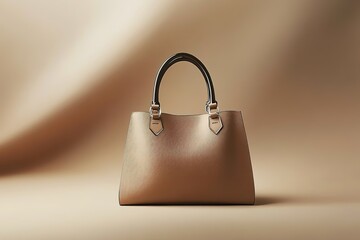Elegant beige handbag with metal handles on smooth background