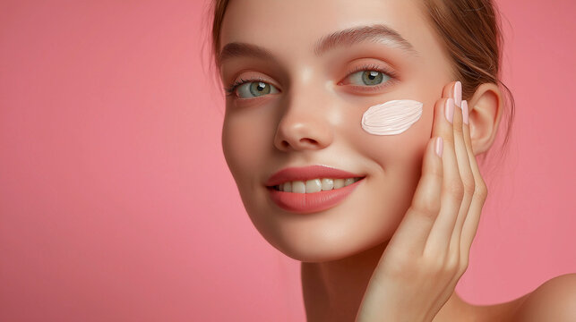 Beautiful smiling woman  with cream on her cheek, pink background, cosmetics advertisement concept

