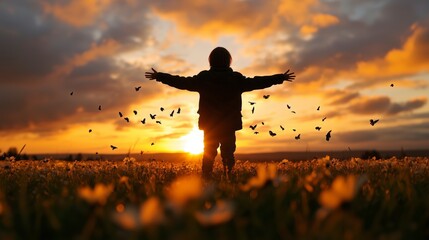 A person is standing in a field of flowers with a sunset in the background. The person is reaching out with their arms open, as if they are embracing the beauty of the moment. AI generated.