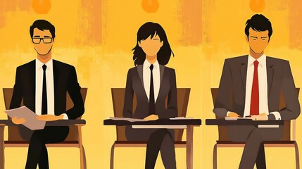 Vector illustration of three job applicants in business attire sitting at desks during an interview, holding papers in a warm yellow and vibrant flat color design with simple shapes and minimal shadin