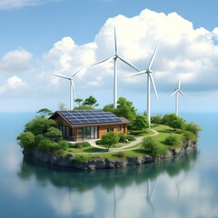 "Sustainable Energy Island with Wind Turbine and Solar Panels"

