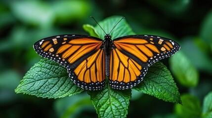 Obraz premium Monarch Butterfly on Lush Green Foliage: A Stunning Close-up