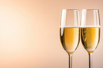 commercial two glasses of champagne with golden bubbles rising against background of luminous bokeh and vibrant warm