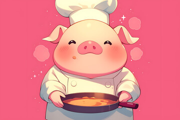 Cute cartoon pig chef happily cooking in a vibrant kitchen with colorful ingredients and playful decor