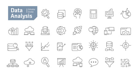 Data Analytics Line Icons Set. Statistic, Presentation, Report, Monitoring, Research, Big Data, Strategy, Planning Icons Editable Stroke Vector Illustration