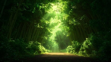 Obraz premium Serene Bamboo Forest Pathway Illuminated by Soft Sunlight