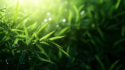 Obraz premium Fresh Green Bamboo Leaves Glowing Under Morning Sunlight