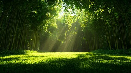 Obraz premium Sunlight Filtering Through Lush Bamboo Forest with Green Grass