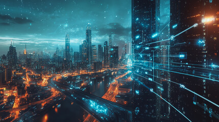 Obraz premium abstract professional business team people connection of line from nail node to node on Smart digital cityscap and skyline background , Innovation networking concept